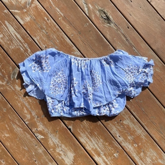 Blue Floral Print Ruffle Off The Shoulder Top - Picture 7 of 7